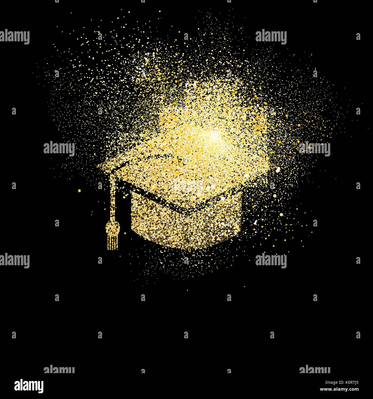 Graduation cap symbol concept illustration, gold college student icon made of realistic golden glitter dust on black background. EPS10 vector. Stock Vector
