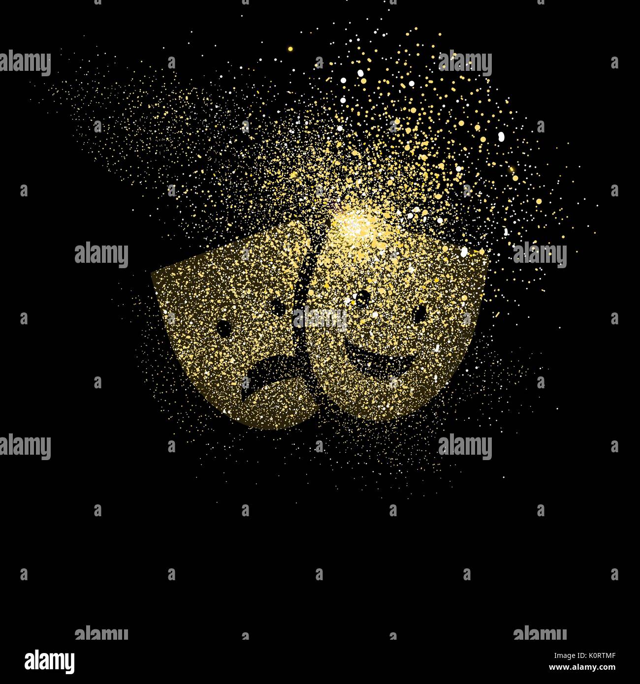 Theater mask symbol concept illustration, gold entertainment icon made of realistic golden glitter dust on black background. EPS10 vector. Stock Vector