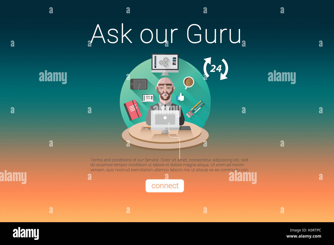 Ask our guru text with icons against turquoise and orange background Stock Photo