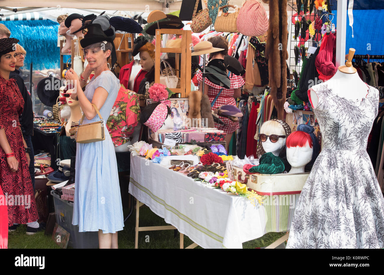 Vintage womens clothes and accessories market stall at a vintage retro festival.UK Stock Photo