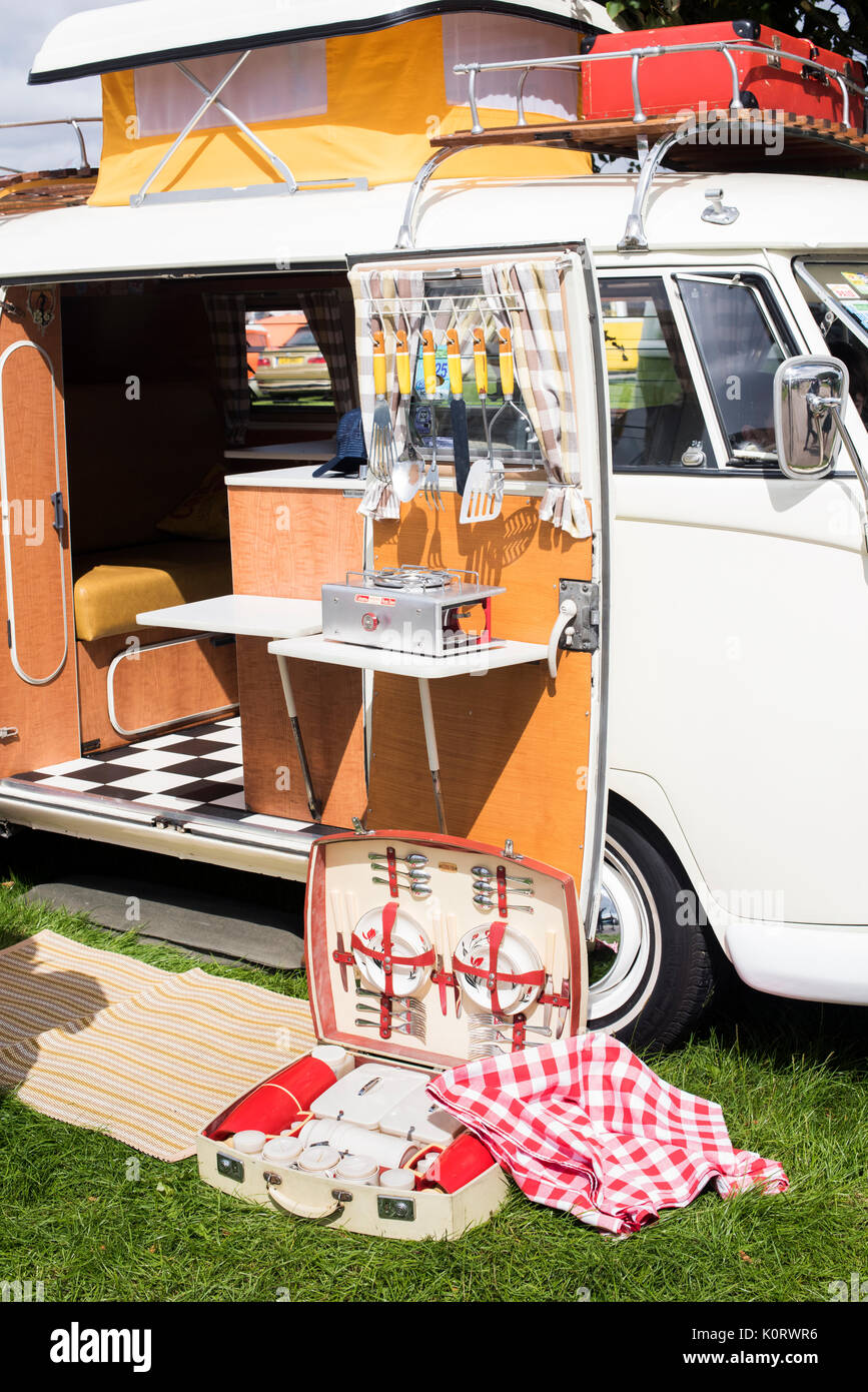 1967 VW split screen campervan kitchen at a vintage retro festival. UK Stock Photo