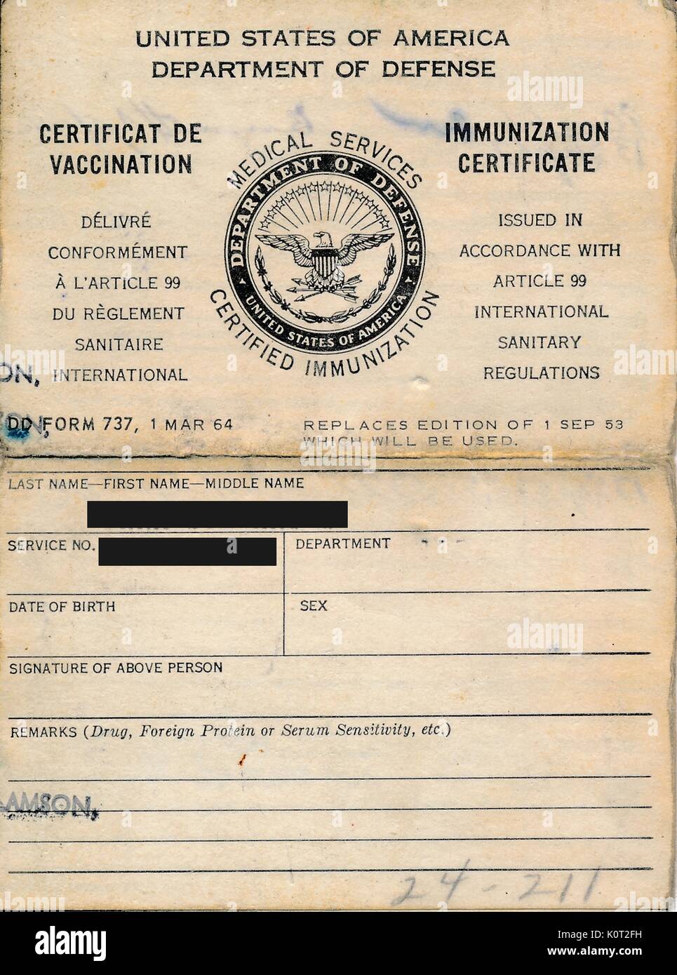 United States Department of Defense medical services immunization certificate, listing the name and identity of a soldier who has been vaccinated prior to being stationed in Vietnam during the Vietnam War (identity of soldier redacted on digital artifact to protect privacy), 1964. Stock Photo