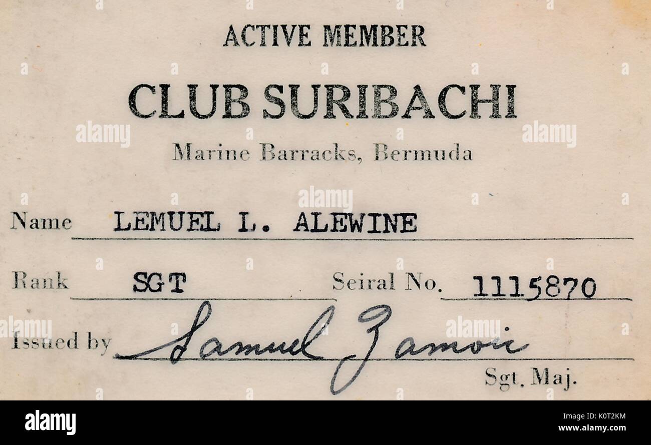 Club Suribachi membership card for club at United States Marine barracks in Bermuda, issued to a Lemuel L Alewine, 1964. Stock Photo