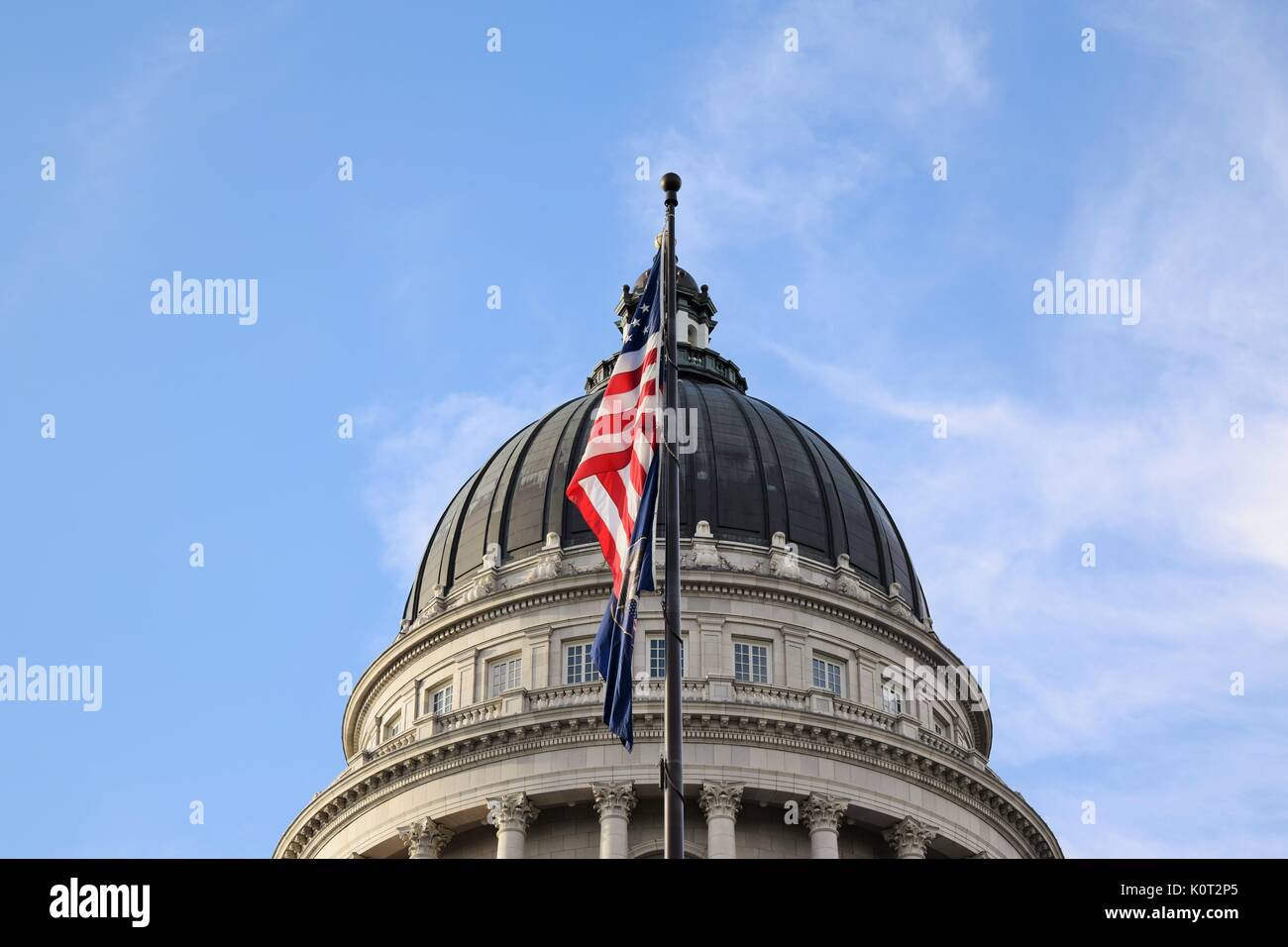 Top of Utah State Capital Building with Flags in front Stock Photo