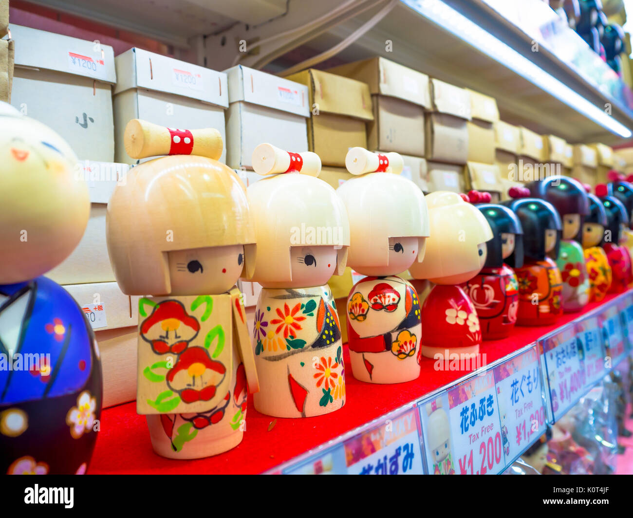 TOKYO, JAPAN JUNE 28 - 2017: Close up of assorted toys of little geishas at center in Tokyo Stock Photo