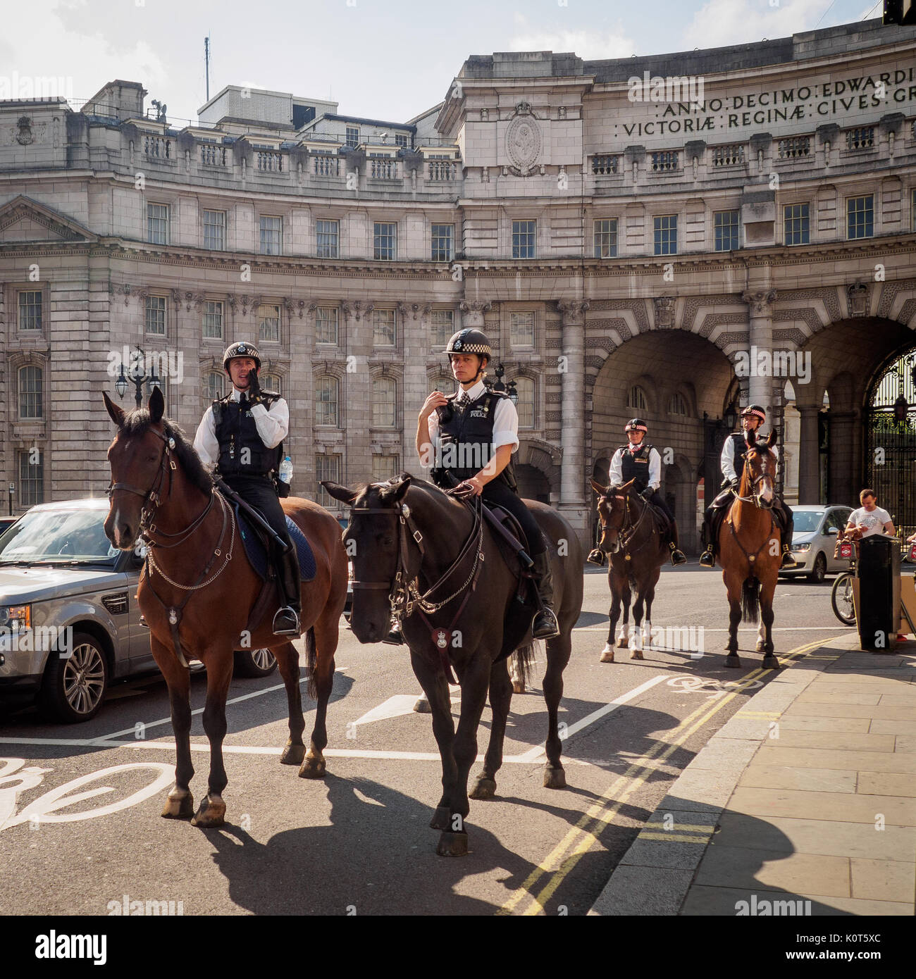Mounted police patrolling the Mall in London (UK). July 2017. Square format. Stock Photo