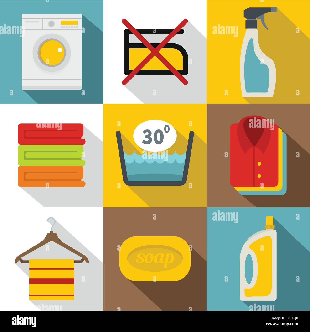 Washing colorful clothes icons set, flat style Stock Vector