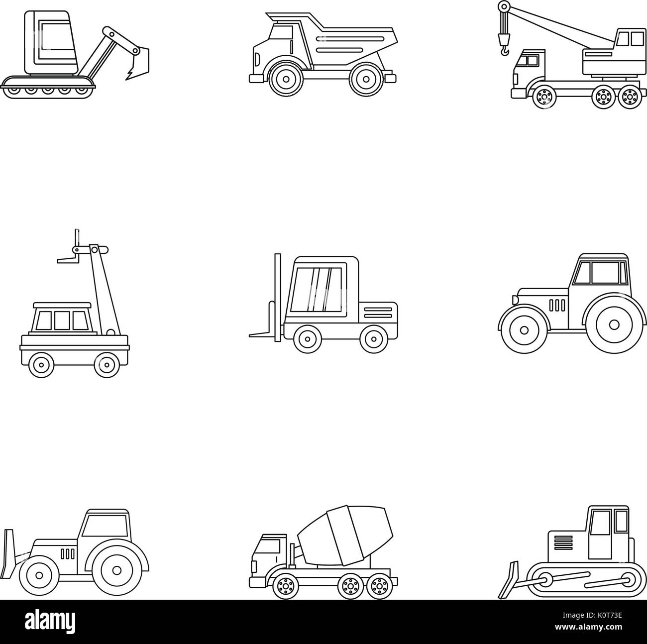 Construction vehicle icon set, outline style Stock Vector