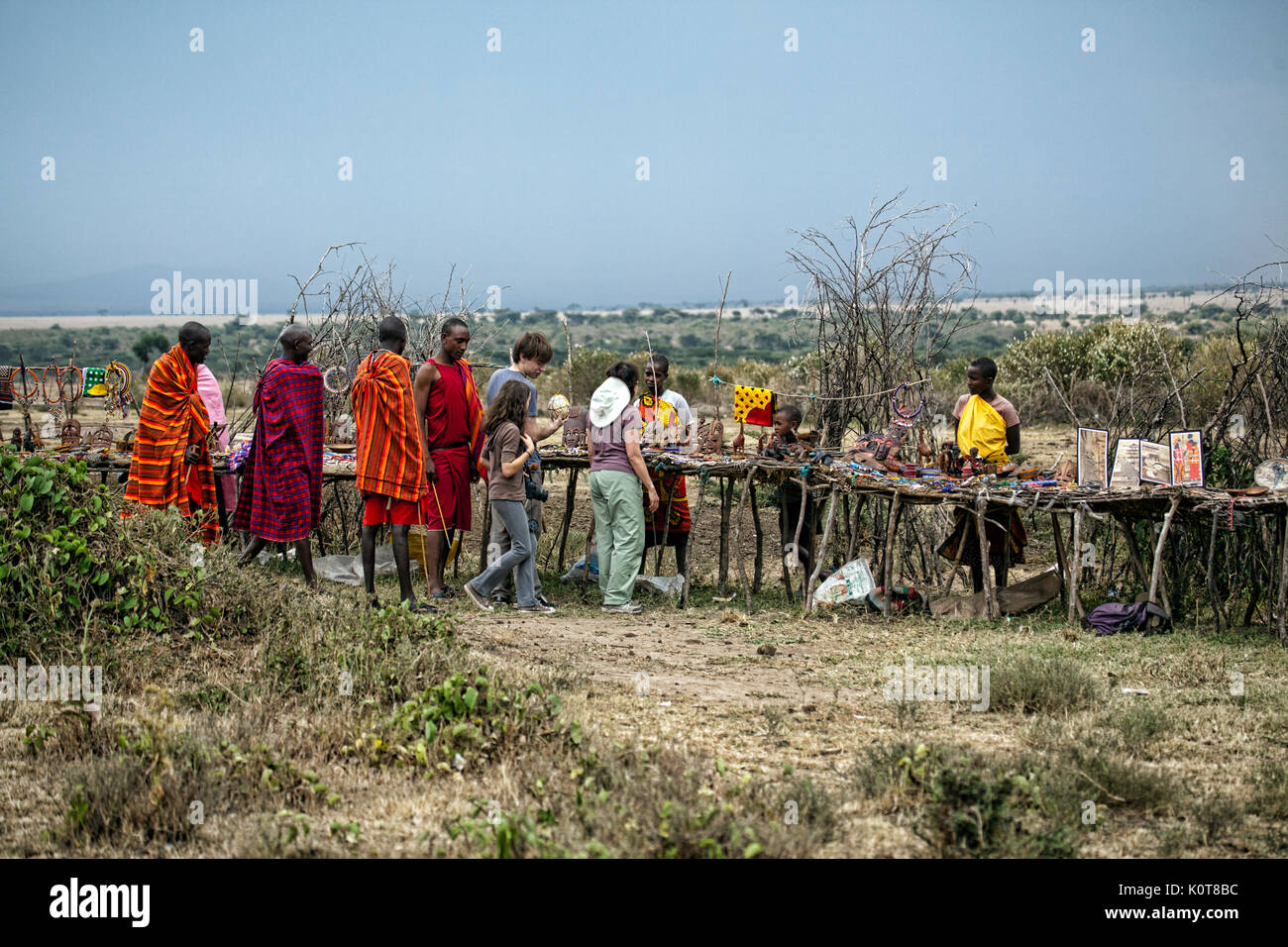 Small Masai village market lined with crafts goods, Kenya, Africa. Stock Photo