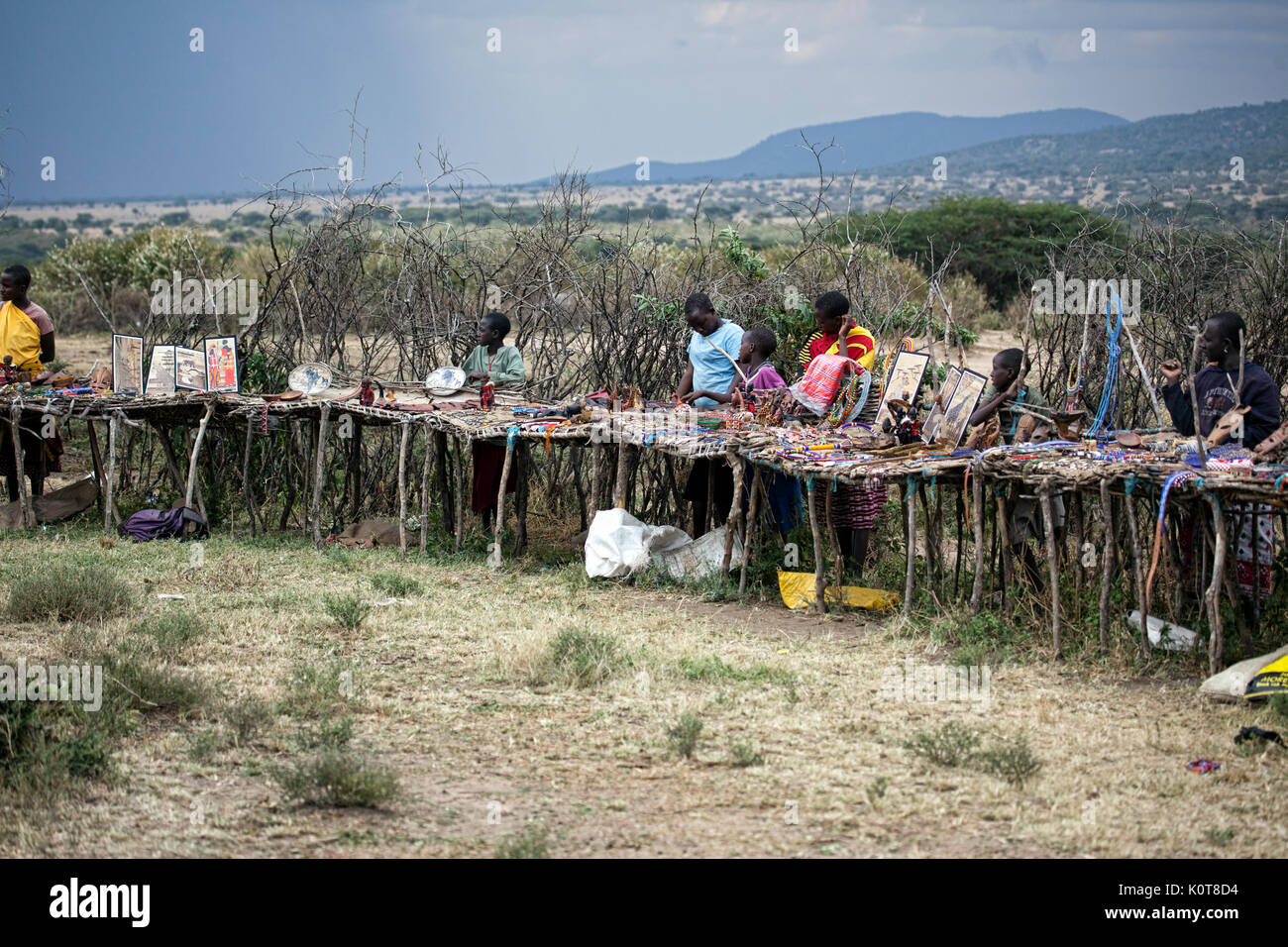 Small Masai village market lined with crafts goods, Kenya, Africa. Stock Photo