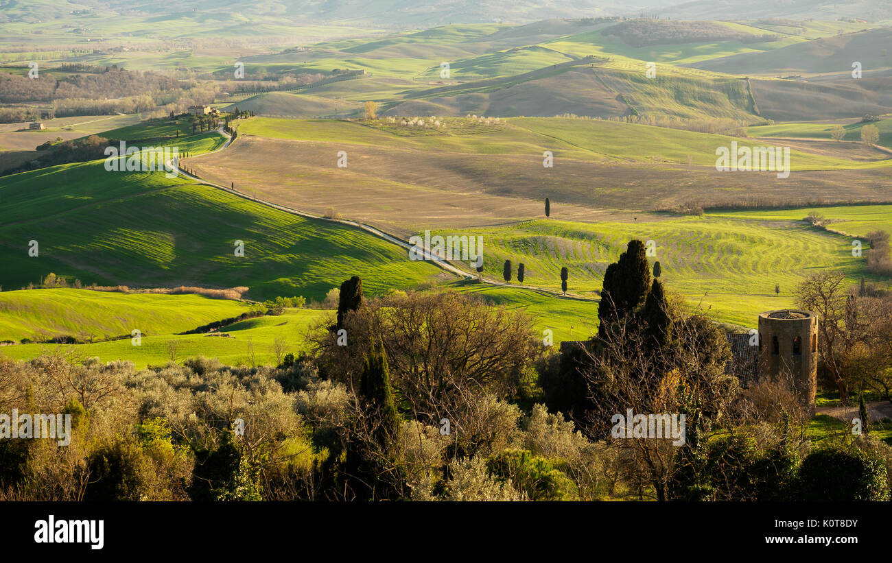 Val d'Orcia landscape at sunset from the town of Pienza (Siena). Italy, 2017. landscape format. Stock Photo