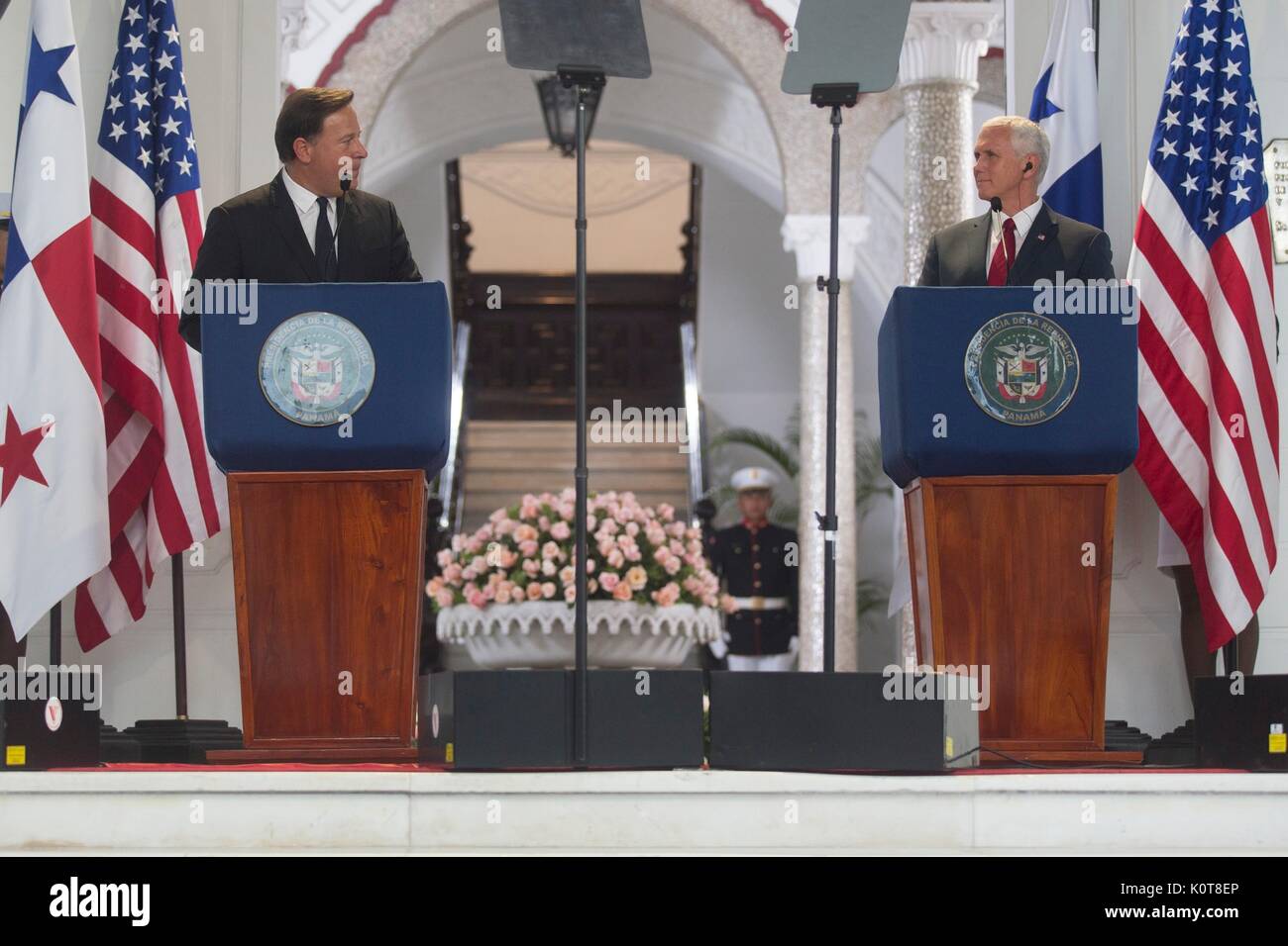 U.S. Vice President Mike Pence, right, during a joint press conference with Panamian President Juan Carlos Varela, at the presidential palace August 17, 2017 in Panama City, Panama. Pence is on a week-long tour of Latin America. Stock Photo