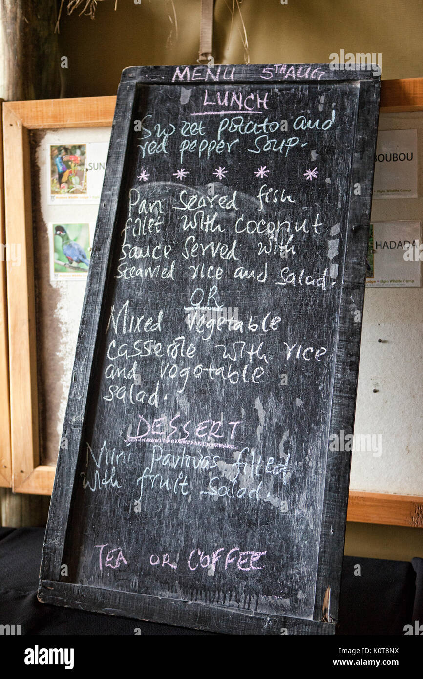Lunch menu board at the Kigio Wildlife Camp in Kenya, Africa. Stock Photo