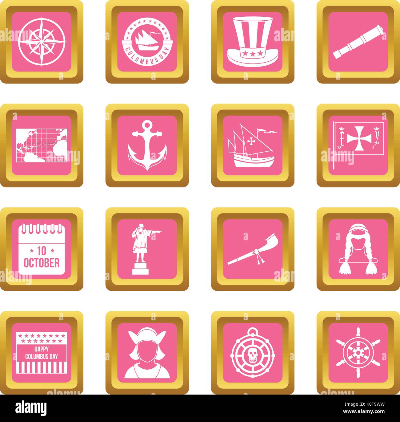 Columbus Day icons pink Stock Vector