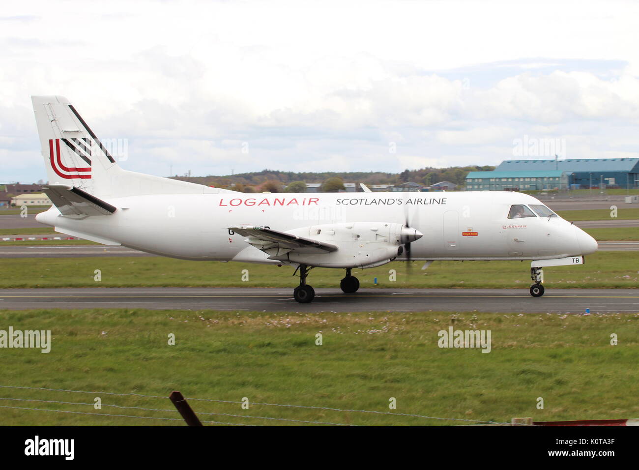 G-GNTB, a Saab 340 operated by Loganair, during training at Glasgow Prestwick International Airport in Ayrshire. Stock Photo