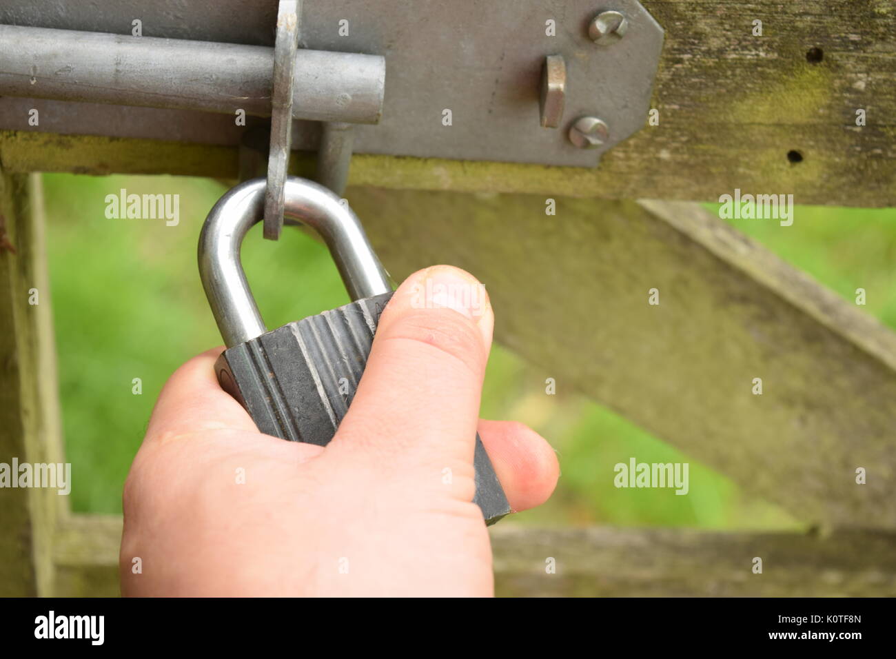 Metallic padlock on a wooden gate Stock Photo Alamy