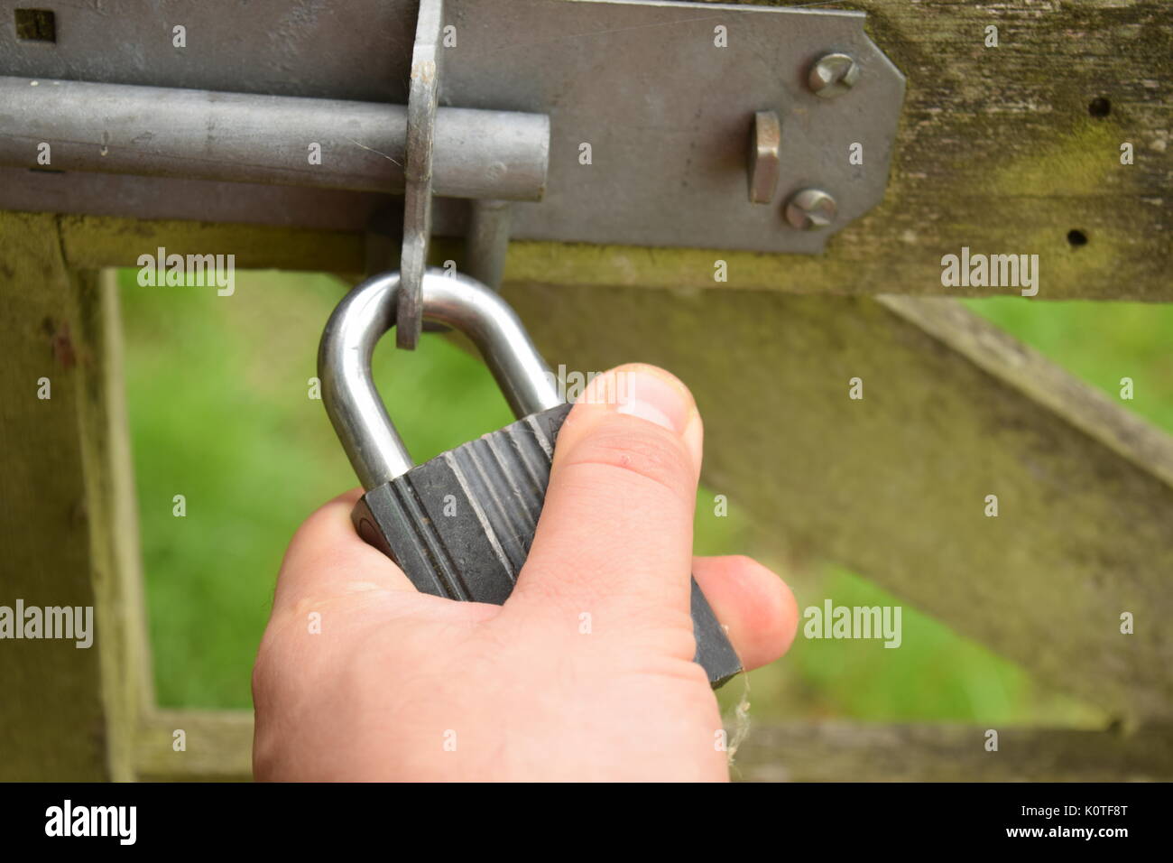Metallic padlock on a wooden gate Stock Photo