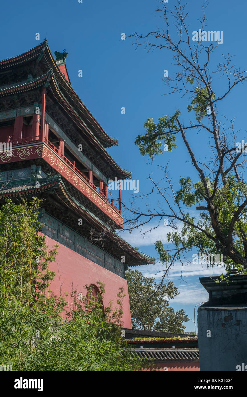 Drum-tower and an old jujube tree in Beijing, China. 23-Aug-2017 Stock Photo