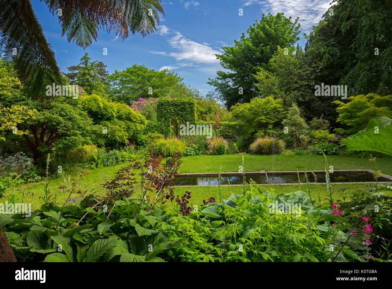 Garden With Rectangular Pond Water Feature Surrounded By Emerald Lawn Herbaceous Borders Hedges And Trees Under Blue Sky Island Of Bute Scotland Stock Photo Alamy