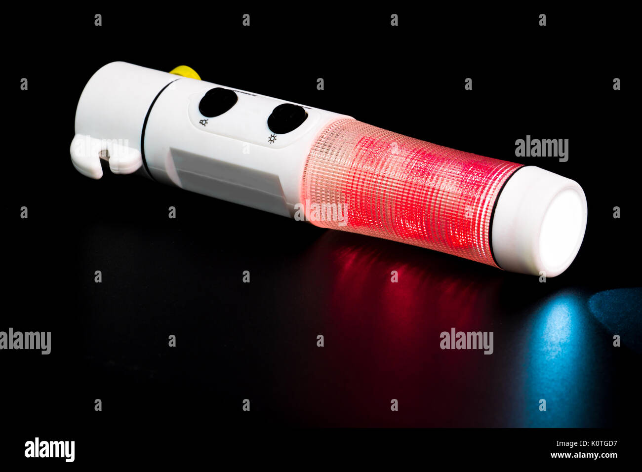 Car safety emergency hammer broken windows rescue equipment, emergency hand torch isolated on