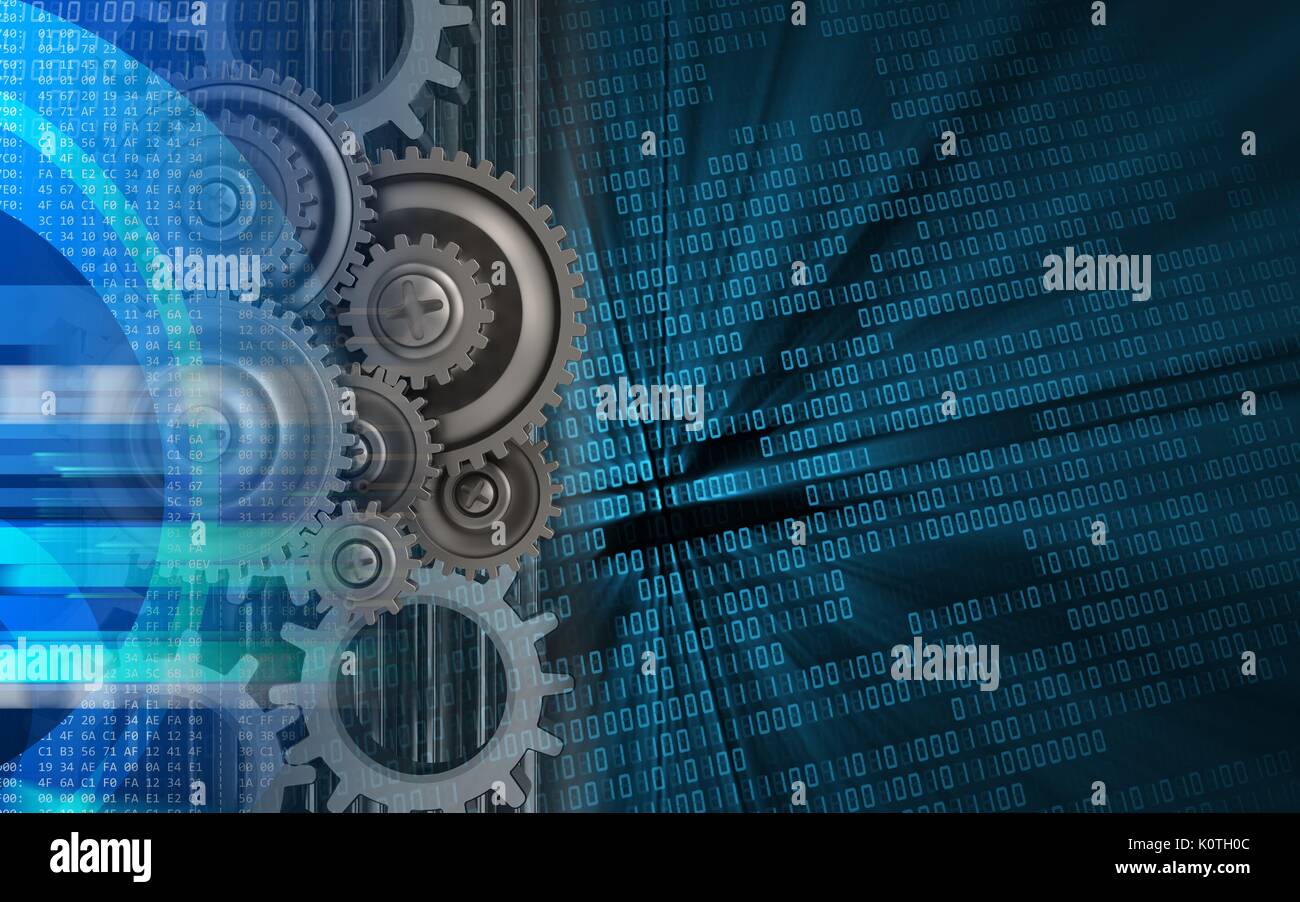 3d illustration of gear wheels over binary background with gears Stock ...