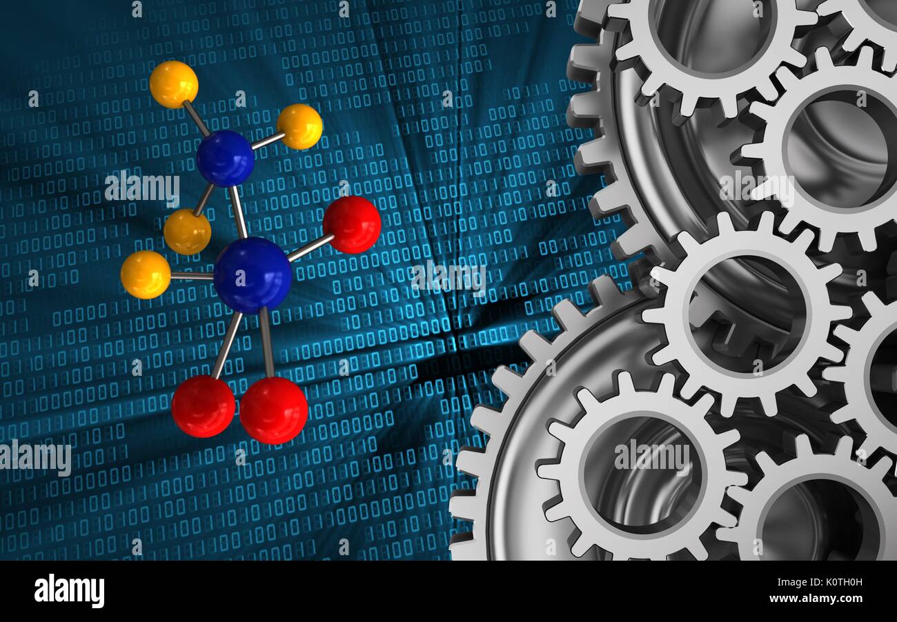 3d illustration of molecule over binary background with mechanic Stock ...