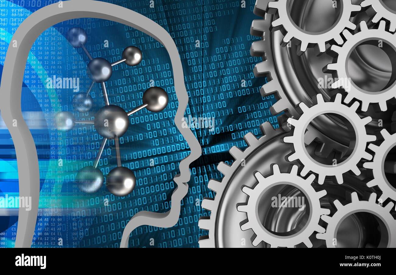 3d illustration of molecule over binary background with mechanic Stock ...