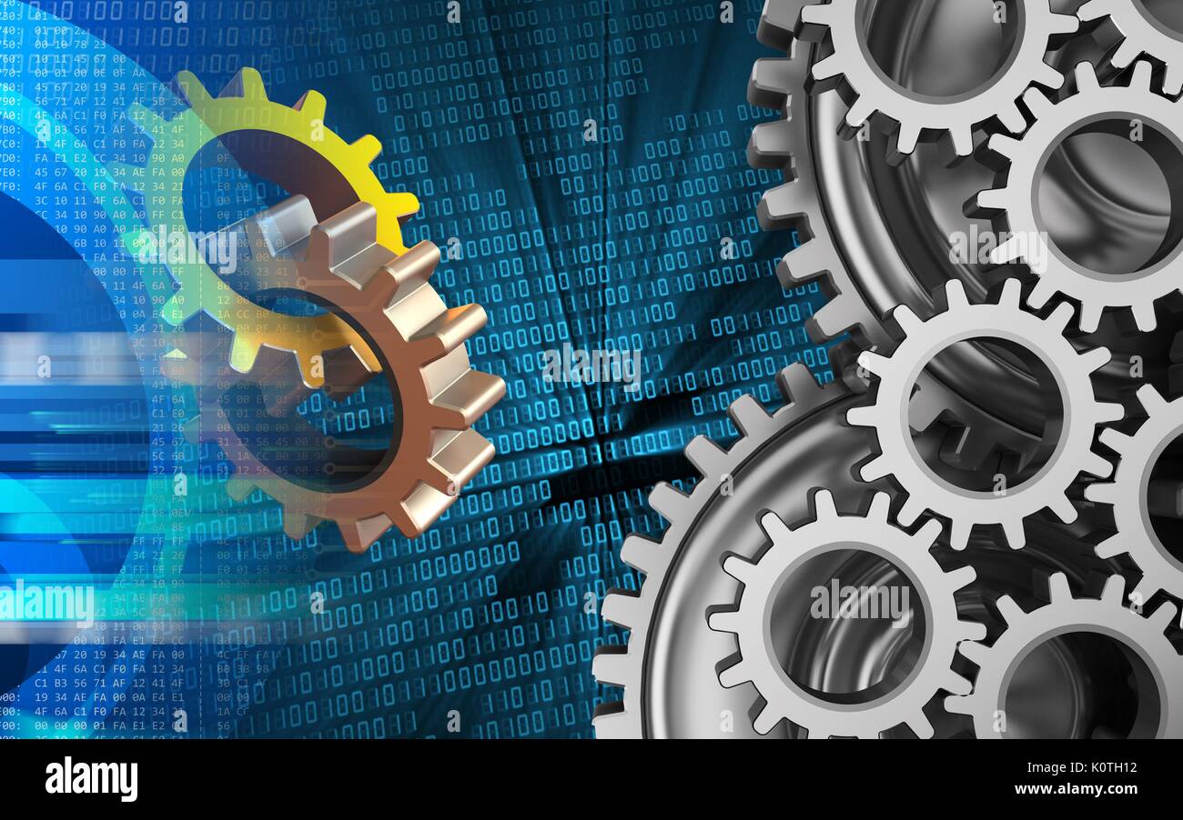 3d illustration of gears over binary background with mechanic Stock ...