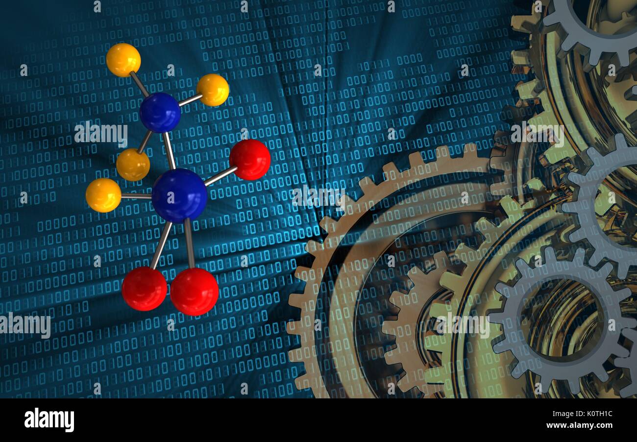 3d illustration of molecule over binary background with gears system ...