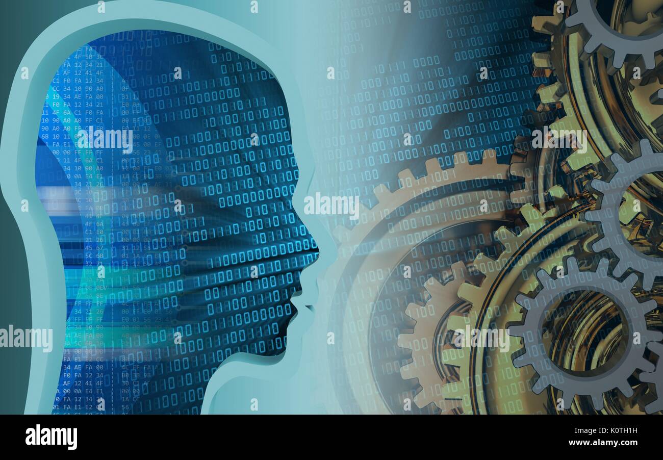 3d illustration of gears system over binary background with head ...