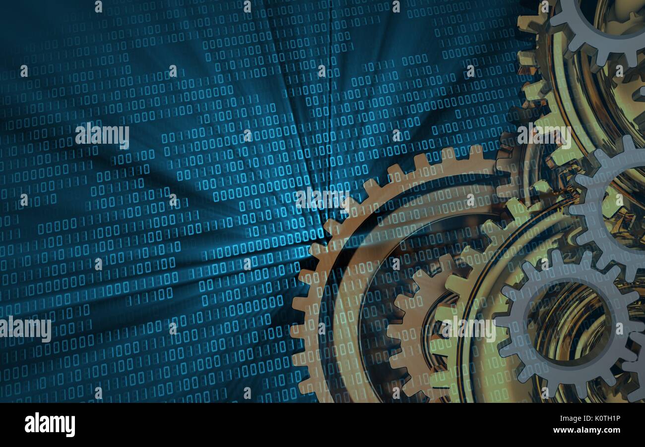 3d illustration of over binary background with gears system Stock Photo ...