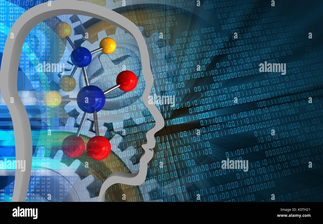 3d illustration of molecule over binary background with gears Stock ...