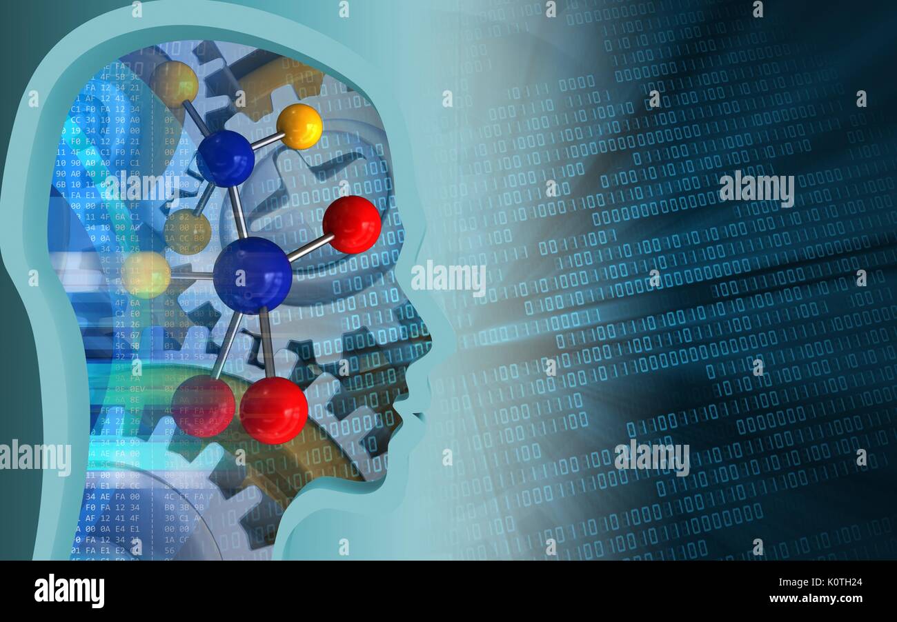 3d illustration of molecule over binary background with gears Stock ...