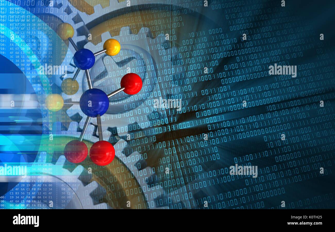 3d illustration of molecule over binary background with gears Stock ...