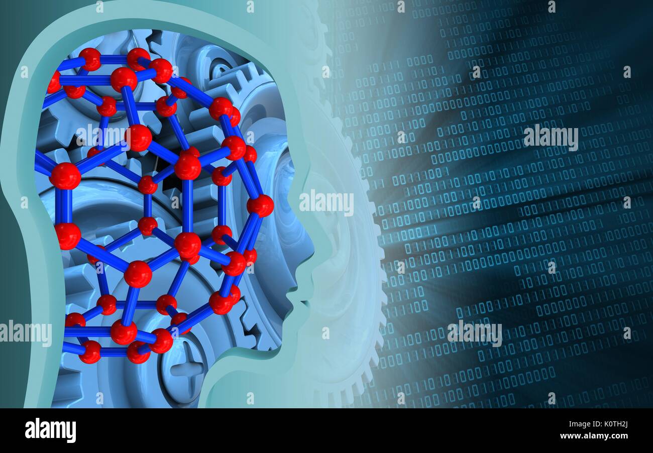 3d illustration of molecular structure over binary background with blue ...