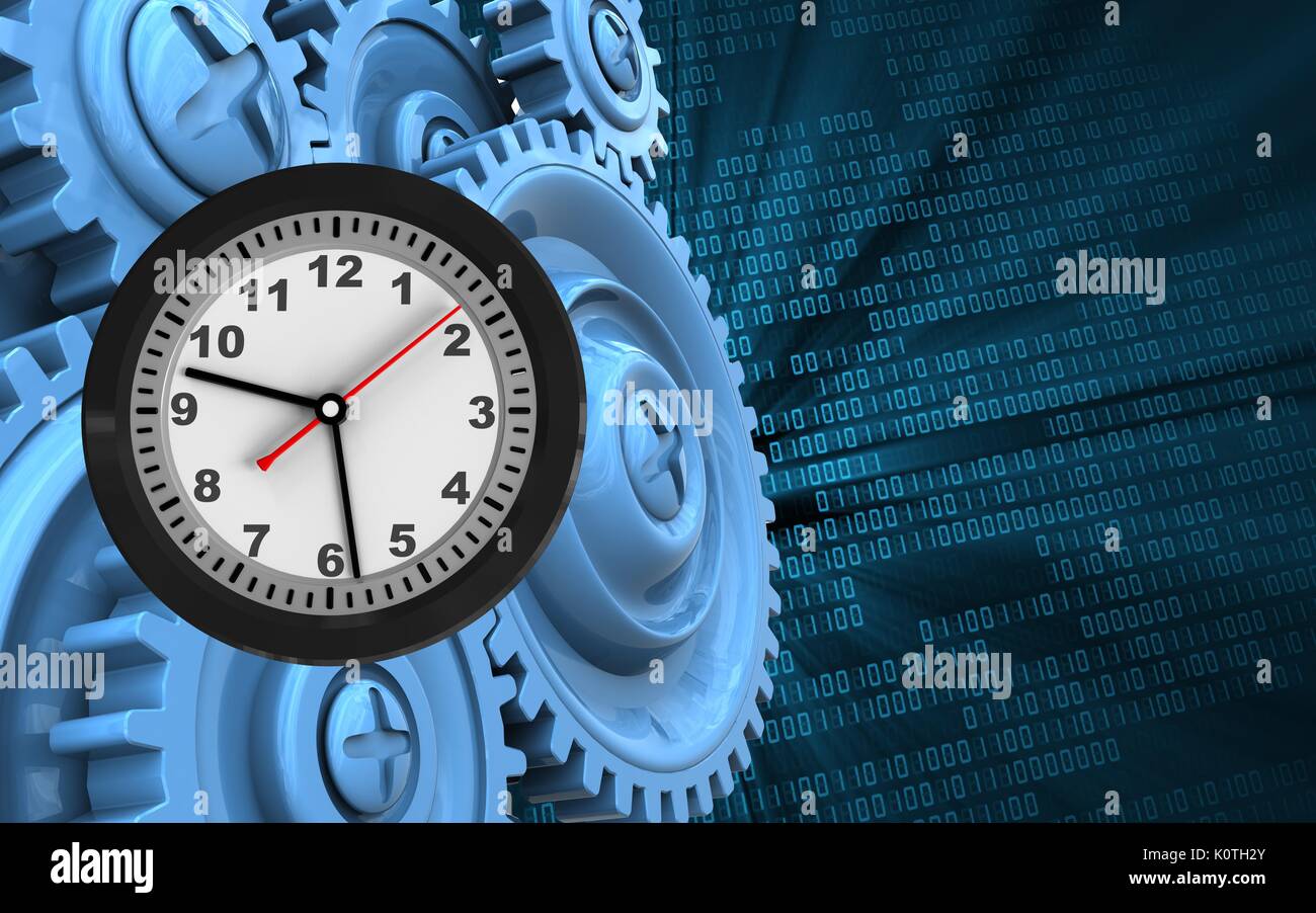 3d illustration of clock over binary background with blue gears Stock ...