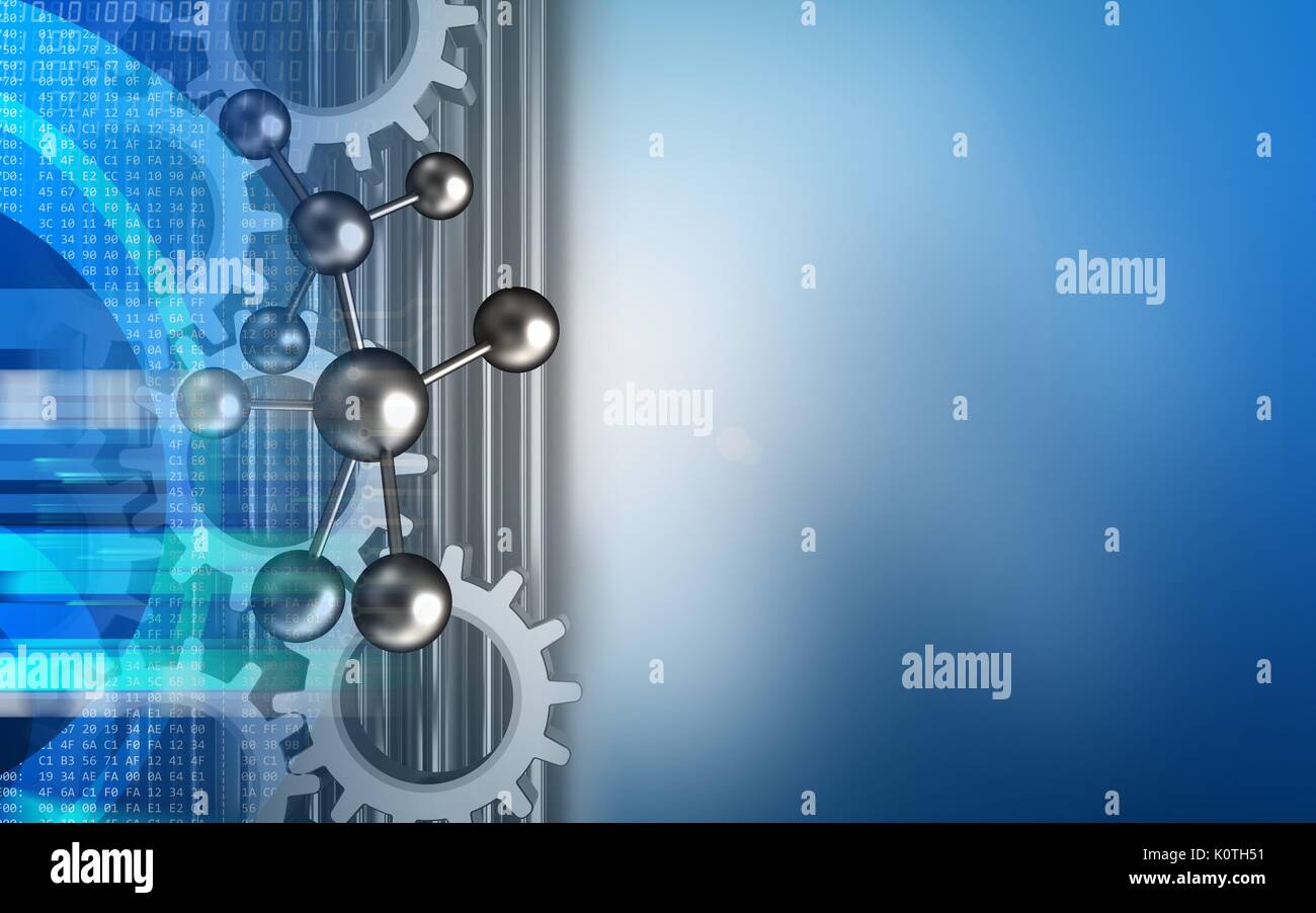 3d illustration of molecule over blue background with gears Stock Photo ...