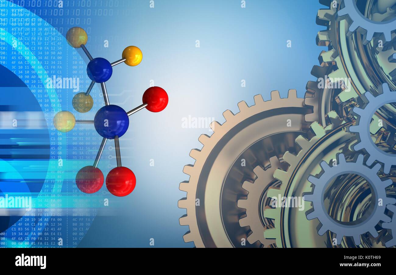 3d illustration of molecule over blue background with gears system ...