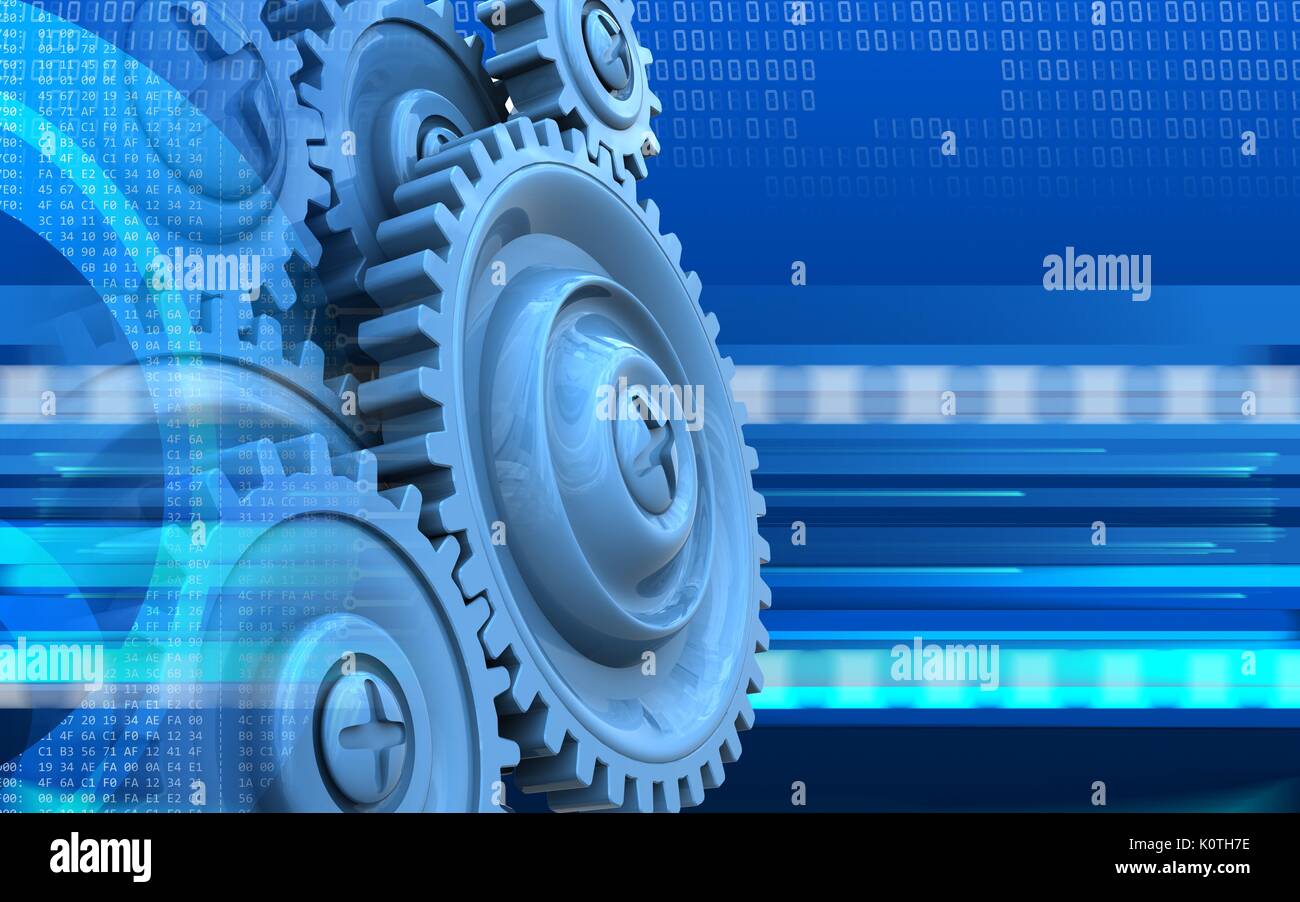 3d illustration of blue gears over cyber background with Stock Photo ...