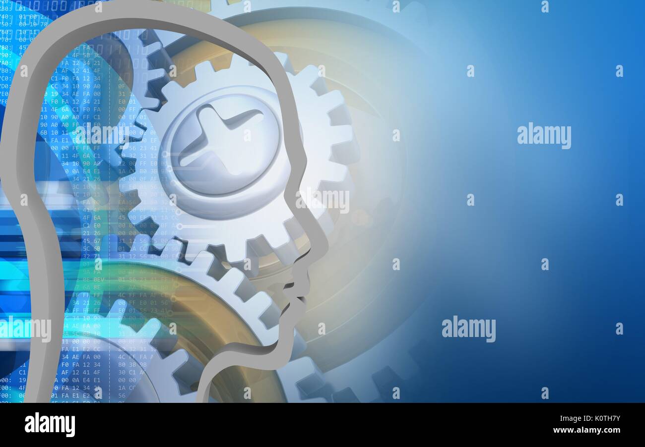 3d illustration of gears over blue background with head contour Stock ...