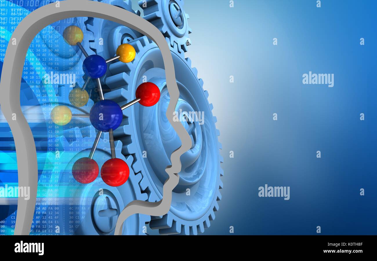3d illustration of molecule over blue background with blue gears Stock ...