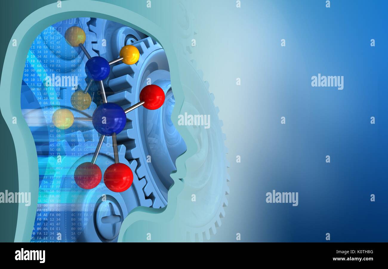 3d illustration of molecule over blue background with blue gears Stock ...