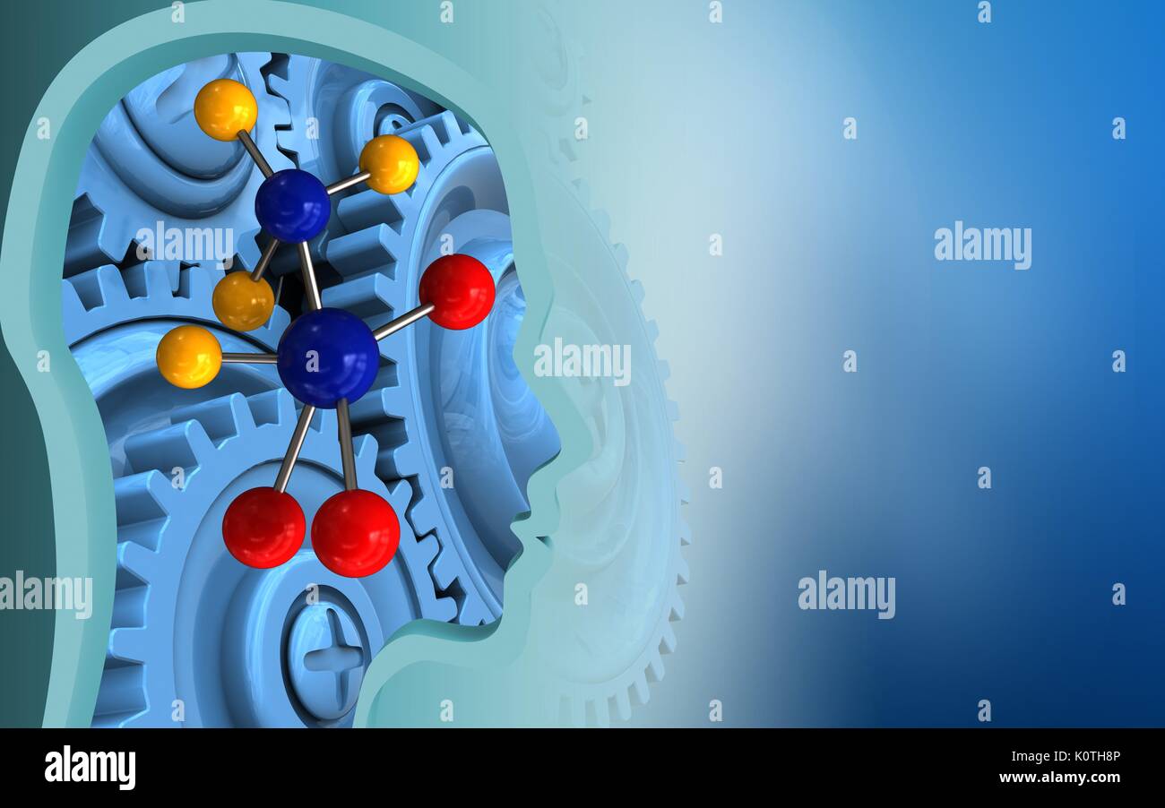 3d illustration of molecule over blue background with blue gears Stock ...