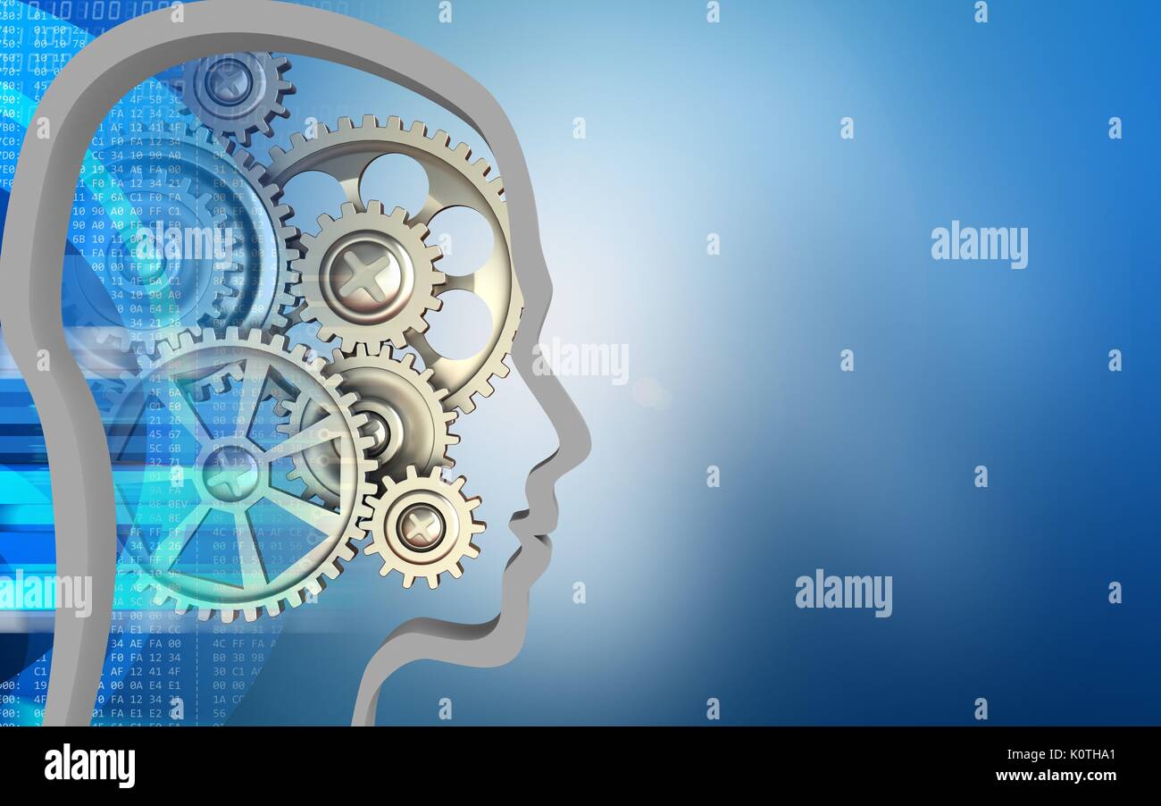 3d illustration of gears over blue background with head contour Stock ...