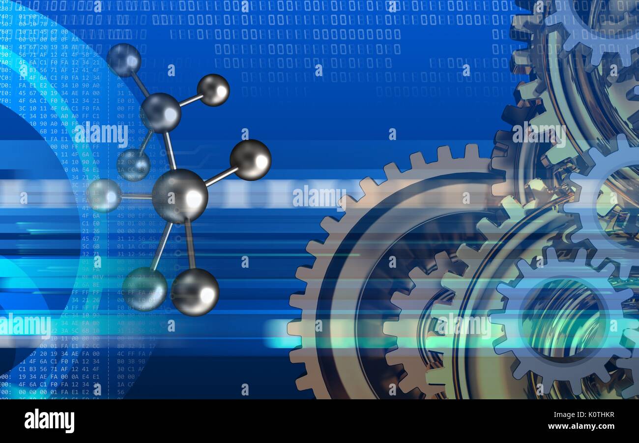 3d illustration of molecule over cyber background with gears system ...