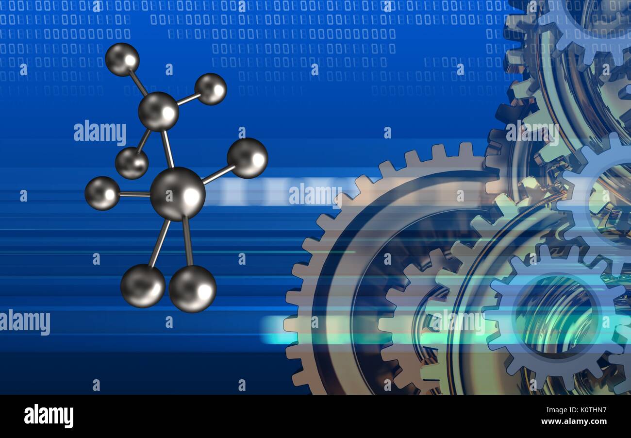 3d illustration of molecule over cyber background with gears system ...
