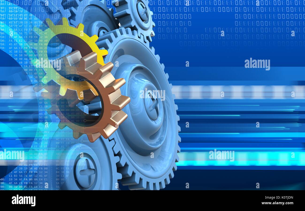 3d illustration of gears over cyber background with blue gears Stock ...