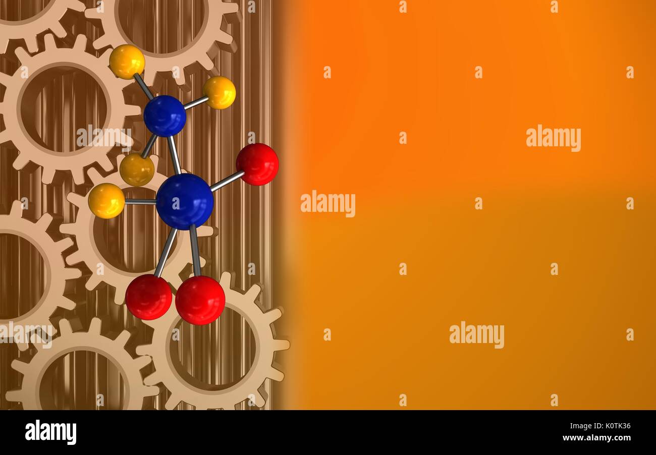 3d illustration of molecule over orange background with gears Stock