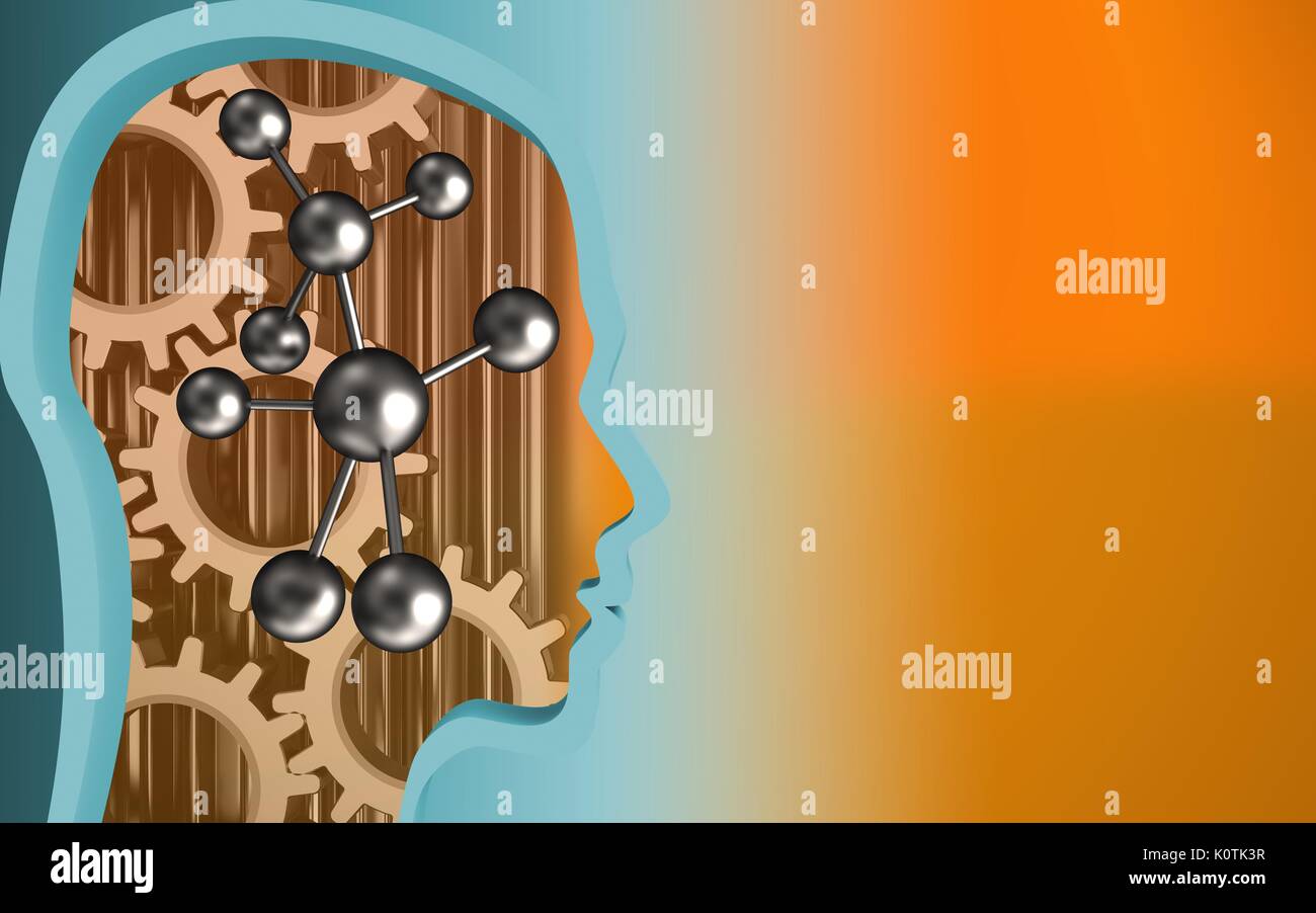 3d illustration of molecule over orange background with gears Stock ...
