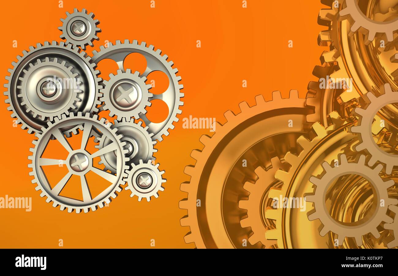 3d illustration of gears over orange background with gears system Stock ...